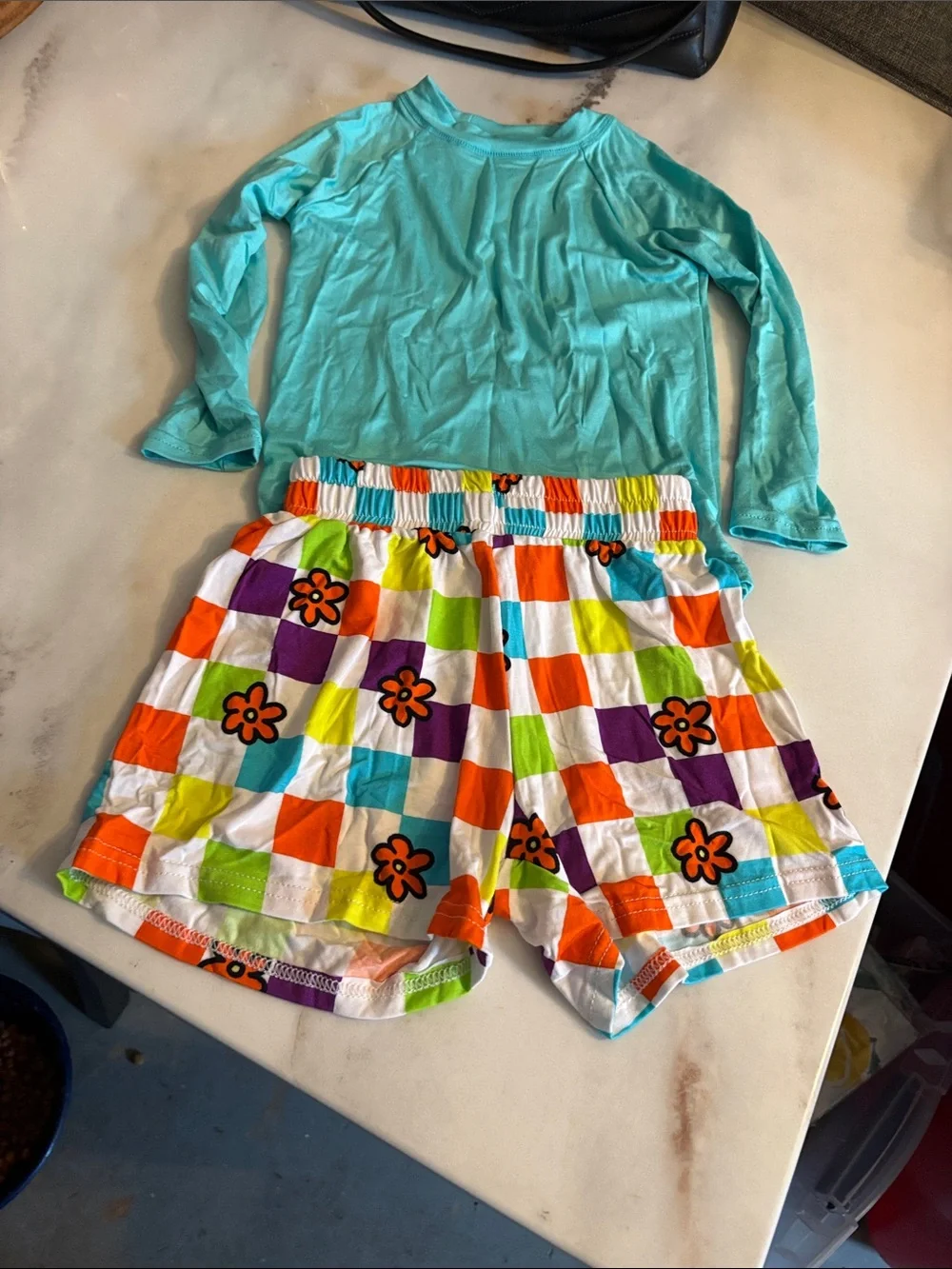 BAMBOO Aqua Long-Sleeve Top with Multicolor Check & Floral Shorts